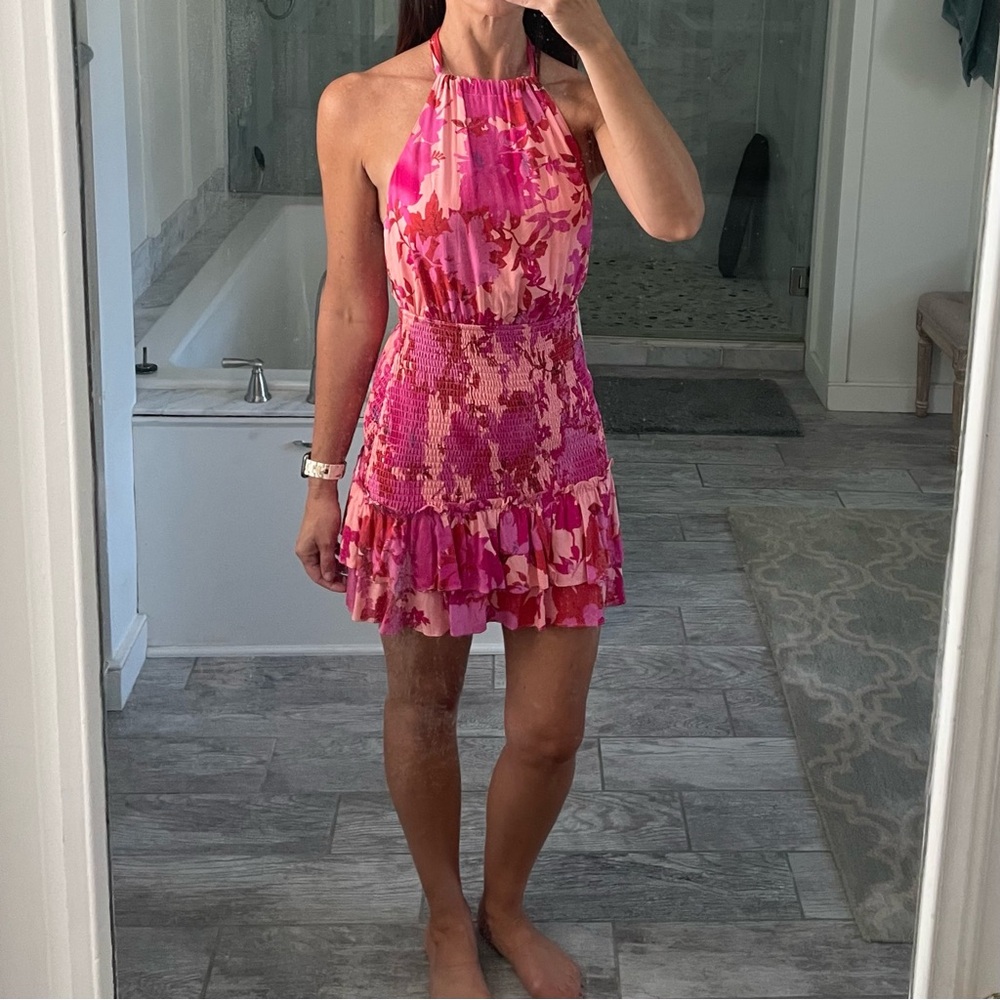 Pink Hello Molly floral halter backless mini dress, size 2.